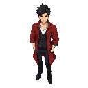 male, muscular, tan skin, short black hair, spiky hair, red coat, white shirt, black vest, black pants