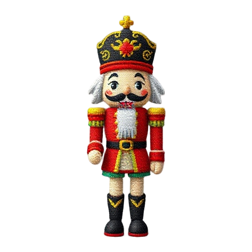 use the uploaded image as the sole source of identity. transform the subject into a cross-stitch embroidery character inspired by vintage japanese craft books, referencing the look of nutcracker toy soldiers and traditional wooden dolls.  style & techniqu