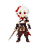 a character with beautiful armor and a sword, red eyes, white and red hair, no helmet, stylish clothes. 
