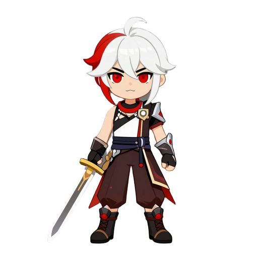 a character with beautiful armor and a sword, red eyes, white and red hair, no helmet, stylish clothes. 