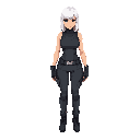 a sci-fi female character inspired by 1980s sci-fi movies, with straight white hair of medium length reaching halfway down her neck. wearing a futuristic utilitarian outfit consisting of a fitted sleeveless shirt, tight-fitting sci-fi trousers that are sn