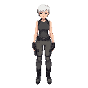 a sci-fi female character inspired by 1980s science-fiction movies. woman with short white hair.  she is wearing a futuristic utilitarian outfit consisting of a fitted sleeveless shirt, combined with practical sci-fi trousers and boots
