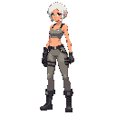a sci-fi female character inspired by 1980s science-fiction movies. athletic woman with short white hair.  she is wearing a futuristic utilitarian outfit consisting of a fitted sleeveless shirt, combined with practical sci-fi trousers and boots