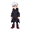 personagem de cabelo branco, pele acinzentada, roupas pretas bem escuras, botas pretas, uma capa que cobre todo o corpo com detalhes em azul, olhos azuis