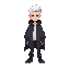 personagem de cabelo branco, pele acinzentada, roupas pretas bem escuras, botas pretas, uma capa que cobre todo o corpo com detalhes em azul, olhos azuis