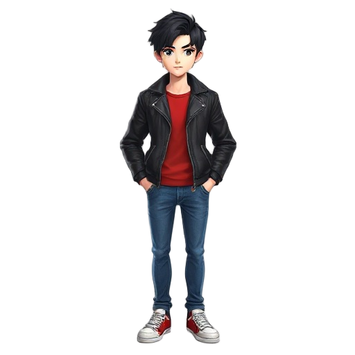 black leather jacket, red shirt, blue jean, white shoe, white skin tone, black hair