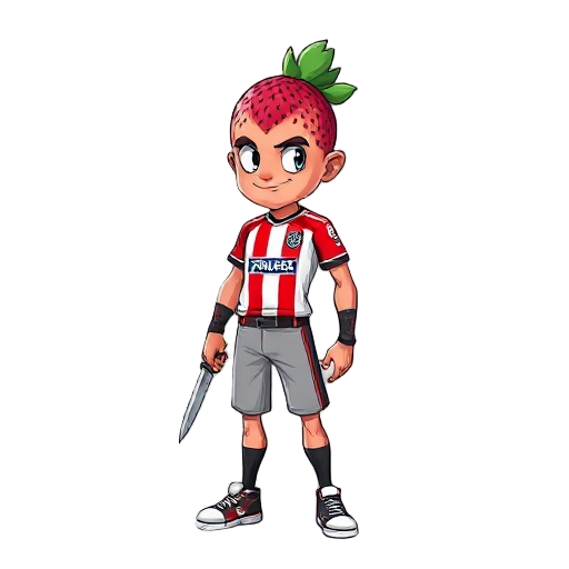 a man with a manic strawberry head and fortaleza esporte clube uniform, he has a knife in his hand. 