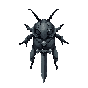 anthropomorphic warrior beetle, 2 legs 2 arms, with a sword in hand in the dark fantasy style, top down view, 16 on 32 pix, grey color 