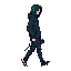 full body character, young cyberpunk hacker male wearing a dark hoodie with neon green circuit patterns, holding a retro portable computer deck in hand, flat side profile view, walking pose, 16-bit snes style