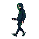 full body character, young cyberpunk hacker male wearing a dark hoodie with neon green circuit patterns, holding a retro portable computer deck in hand, flat side profile view, walking pose, 16-bit snes style