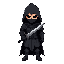 hooded knight, black armor, sword, gloomy atmosphere