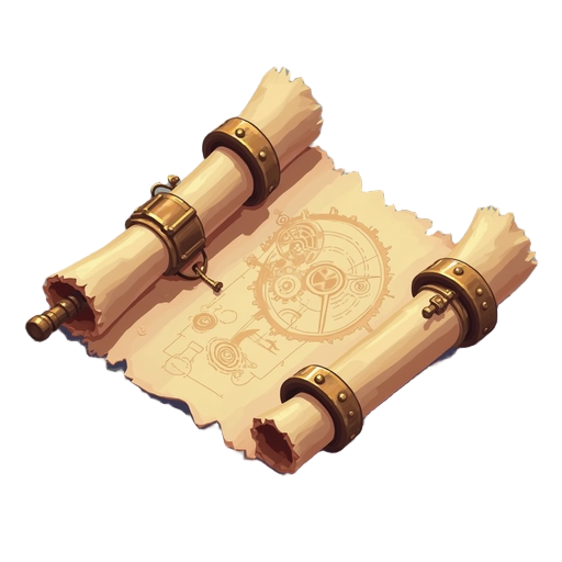 minecraft item texture, rolled ancient parchment scroll with steampunk gear blueprints, bronze and aged paper colors, transparent background, isometric game icon style
