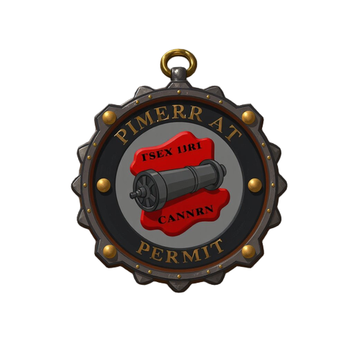 minecraft item texture, military permit badge with cannon emblem, red wax seal, dark red and black colors, brass accents, transparent background