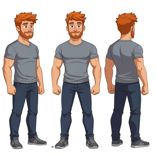 male character, athletic build, redhead, no beard