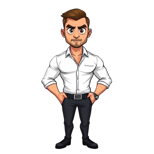 homem, corpo atlético e simétrico. olhos castanhos. cabelo castanho escuro, curto, corte uniforme de máquina. barba curta e densa. terno escuro elegante, camisa branca, gravata fina. roupas estilo james bond. corpo inteiro, braços abertos (pose "t")