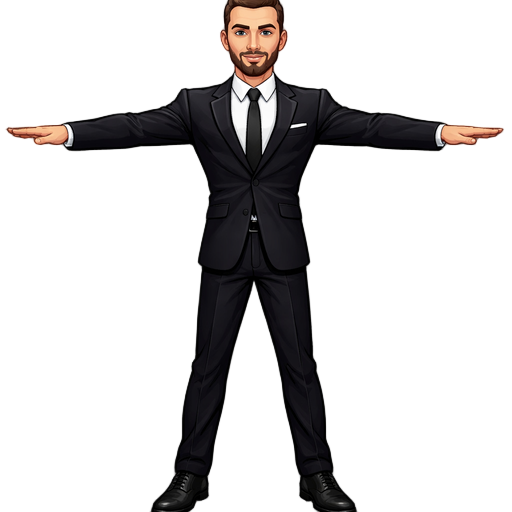 homem, corpo atlético e simétrico. olhos castanhos. cabelo castanho escuro, curto, corte uniforme de máquina. barba curta e densa. terno escuro elegante, camisa branca, gravata fina. roupas estilo james bond. corpo inteiro. braços abertos em pose "t"