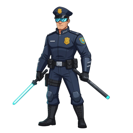 i need a futuristic police officer with a baton in his hand, and the uniform should look futuristic