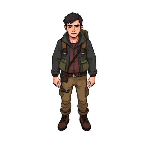 2d game character, post-apocalyptic survivor, top-down view (or side view), simple cartoon style, wearing worn survival clothes, jacket, pants, boots, small backpack, flat colors, clean outlines, game sprite style, transparent background, indie survival g