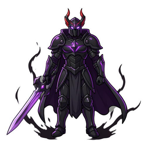para seu jogo 2d, igris é um cavaleiro das sombras: armadura preta com brilho roxo, capacete com olhos luminosos e adorno vermelho. é um tanque/dano com espada grande, telecinese e mobilidade. deixa rastros sombrios e tem capa esvoaçante.