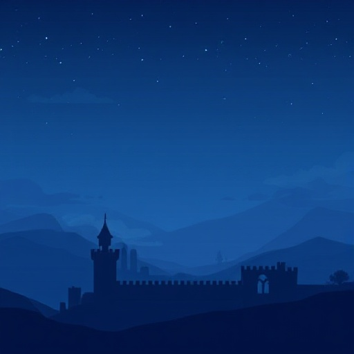 vertical (9:16) 2d pixel-art background for a medieval platformer, matching a dark navy-blue screen: smooth deep-blue gradient with subtle atmospheric fog, faint stars and soft cloud haze, distant silhouettes of castle walls/towers and a few arched window
