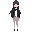tall, slim teenage girl with long black hair flowing past her shoulders, straight bangs framing her face, and dark eyes. she wears a fitted black school-style jacket with light trim, a white shirt underneath, and a small black ribbon at the collar. her lo