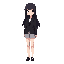 tall, slim teenage girl with long black hair flowing past her shoulders, straight bangs framing her face, and dark eyes. she wears a fitted black school-style jacket with light trim, a white shirt underneath, and a small black ribbon at the collar. her lo
