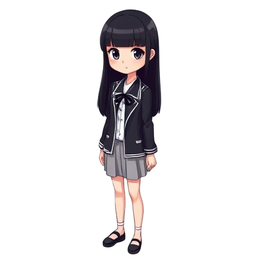 tall, slim teenage girl with long black hair flowing past her shoulders, straight bangs framing her face, and dark eyes. she wears a fitted black school-style jacket with light trim, a white shirt underneath, and a small black ribbon at the collar. her lo