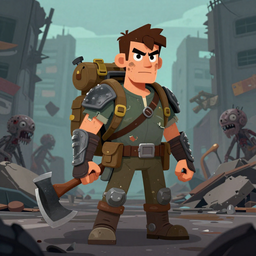 post-apocalyptic survivor, rugged and battle-worn, standing in a ruined city overrun by zombies, wearing scavenged armor and torn clothes, carrying a makeshift weapon (axe or crossbow), backpack with survival gear, dirt-streaked face, determined expressio