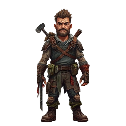 post-apocalyptic survivor, rugged and battle-worn, standing in a ruined city overrun by zombies, wearing scavenged armor and torn clothes, carrying a makeshift weapon (axe or crossbow), backpack with survival gear, dirt-streaked face, determined expressio