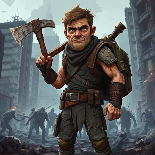 post-apocalyptic survivor, rugged and battle-worn, standing in a ruined city overrun by zombies, wearing scavenged armor and torn clothes, carrying a makeshift weapon (axe or crossbow), backpack with survival gear, dirt-streaked face, determined expressio