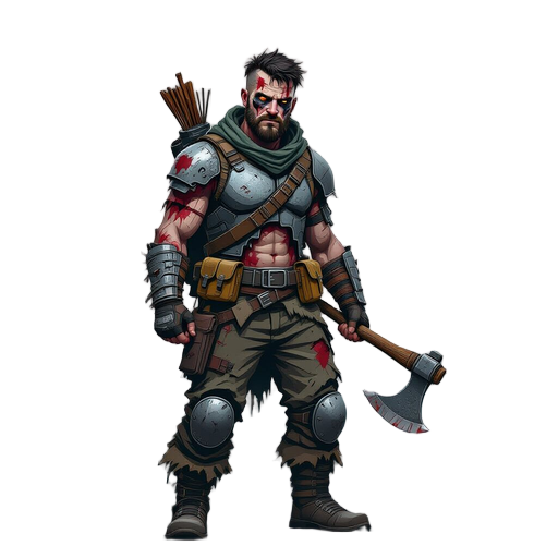 post-apocalyptic survivor, rugged and battle-worn, standing in a ruined city overrun by zombies, wearing scavenged armor and torn clothes, carrying a makeshift weapon (axe or crossbow), backpack with survival gear, dirt-streaked face, determined expressio