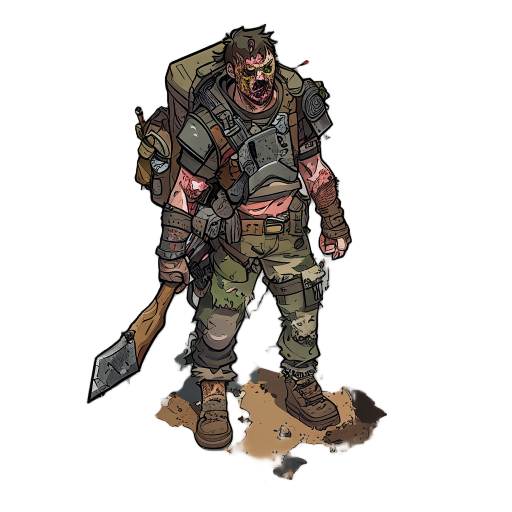 post-apocalyptic survivor, rugged and battle-worn, standing in a ruined city overrun by zombies, wearing scavenged armor and torn clothes, carrying a makeshift weapon (axe or crossbow), backpack with survival gear, dirt-streaked face, determined expressio