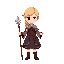 full body, front view, fantasy adventurer, short proportions, clear silhouette, simple color palette, pixel perfect, no background, game sprite style, consistent lighting. the character is dark blond young girl with a french braid, a dress and a scepter.
