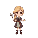  full body, front view, fantasy adventurer, short proportions, clear silhouette, simple color palette, pixel perfect, no background, game sprite style, consistent lighting. the character is dark blond young girl with a french braid, a dress and a scepter.