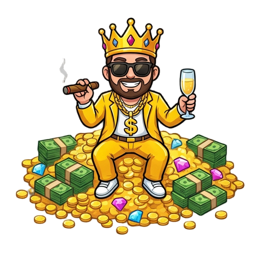 a cartoon of a billionaire wearing gold clothes sitting on pile of riches