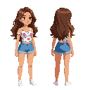 crie uma personagem feminina, com cabelos longos e castanhos, shorts azul, blusa florada, tenis branco em visão isometrica.