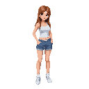 crie uma personagem feminina, com cabelos longos e castanhos, shorts azul, blusa florada, tenis branco em visão isometrica.