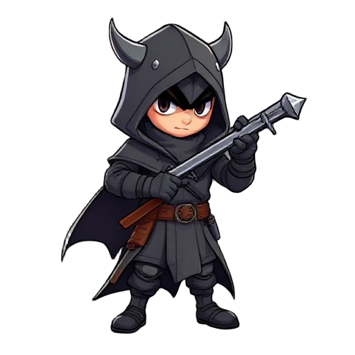 eu quero 1 personagem vestido com uma roupa e um capuz com penas de corvo segurando uma foice