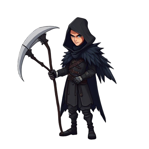 a man in a black feathered cloak and hood holding a scythe.