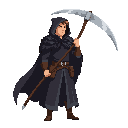 a man in a black feathered cloak and hood holding a scythe.