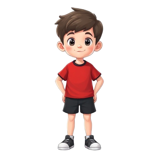 wear a short white boy with a red shirt and black shorts 