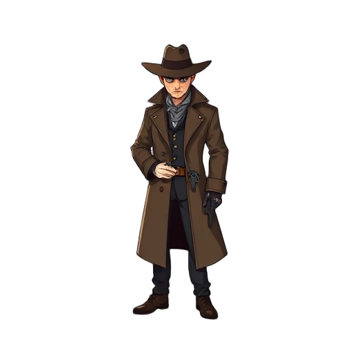 detective, neo-western noir, long coat, cowboy hat, holster