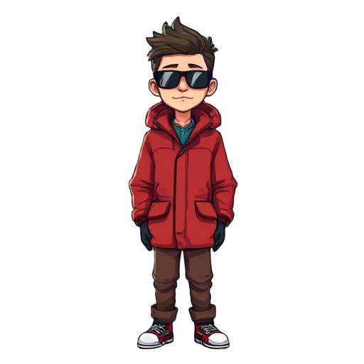 male, red winter jacket, sunglasses