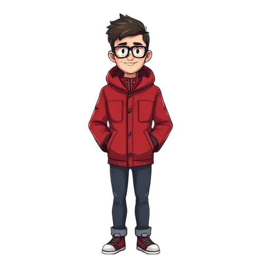 male, red winter jacket, glasses