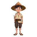 character:  young poor brazilian man, early 18th century  rural background, humble appearance  simple straw hat  worn light shirt  simple dark pants  barefoot or simple sandals  no weapons, no armor