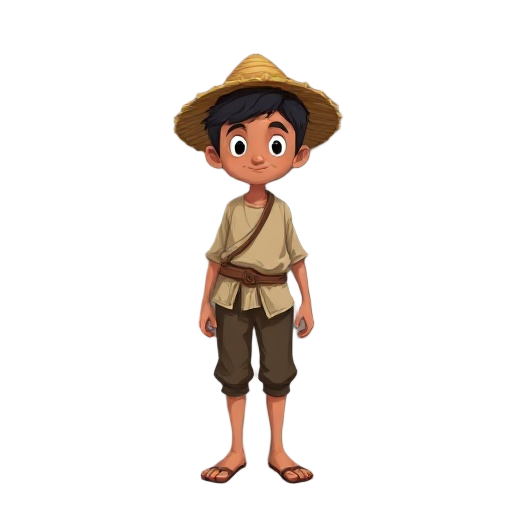 character:  young poor brazilian man, early 18th century  rural background, humble appearance  simple straw hat  worn light shirt  simple dark pants  barefoot or simple sandals  no weapons, no armor