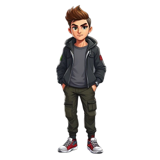 a cool male game character in 3d sprite style, semi-realistic with slightly cartoon proportions, heroic posture, confident expression. short stylish hair with faded sides, sharp eyebrows, and expressive eyes. wearing a modern street outfit: hoodie jacket,