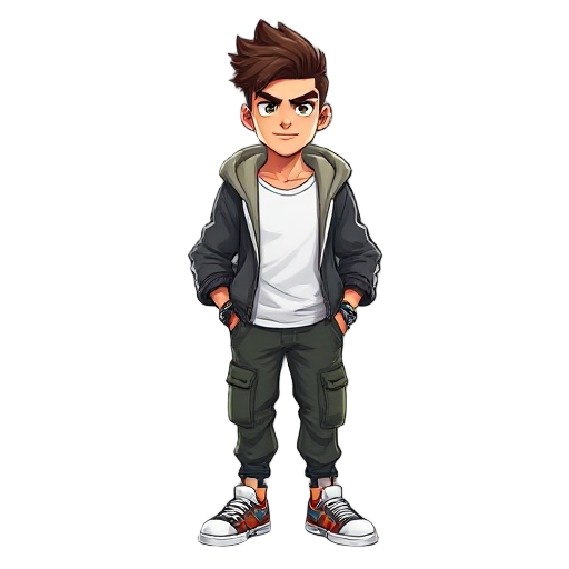a cool male game character in 3d sprite style, semi-realistic with slightly cartoon proportions, heroic posture, confident expression. short stylish hair with faded sides, sharp eyebrows, and expressive eyes. wearing a modern street outfit: hoodie jacket,