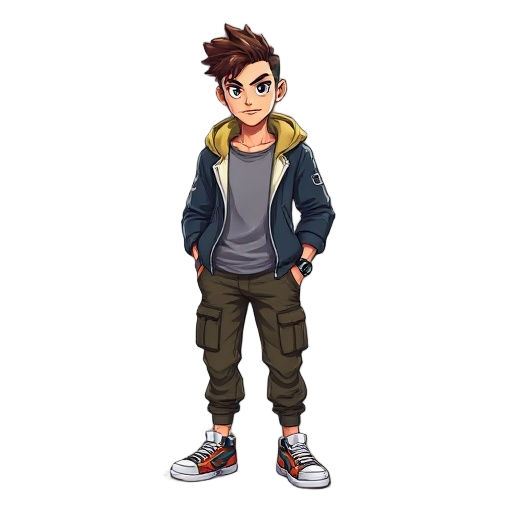 a cool male game character in 3d sprite style, semi-realistic with slightly cartoon proportions, heroic posture, confident expression. short stylish hair with faded sides, sharp eyebrows, and expressive eyes. wearing a modern street outfit: hoodie jacket,