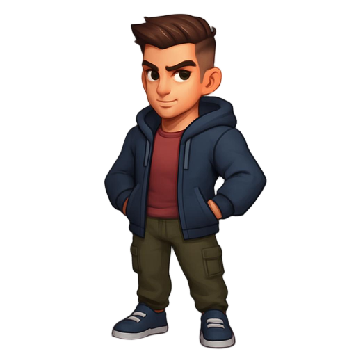 a cool male game character in 3d sprite style, semi-realistic with slightly cartoon proportions, heroic posture, confident expression. short stylish hair with faded sides, sharp eyebrows, and expressive eyes. wearing a modern street outfit: hoodie jacket,